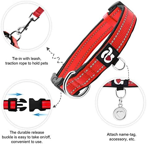 azuza Reflective Dog Collar,Soft Neoprene Padded Pet Collar with ID Tag Ring,Adjustable for Large Dogs,Red,L