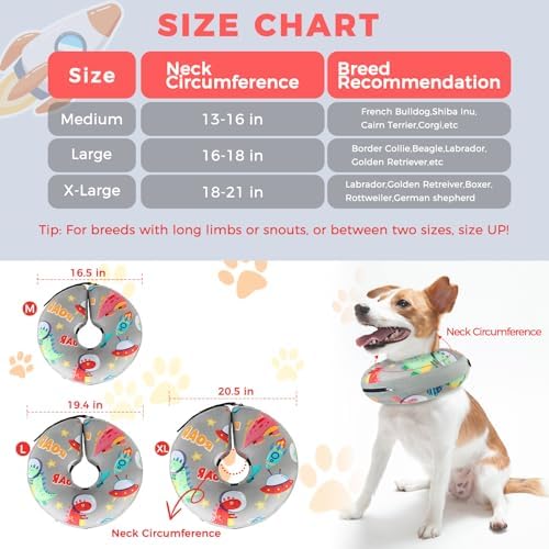 PAWCHIE Inflatable Dog Cone Collar Alternative, Soft Dog Cone for Medium to Large Dogs After Surgery, Adjustable Neck Recovery E-Collars Donut Collar with Cute Dinosaur Prints, Grey M