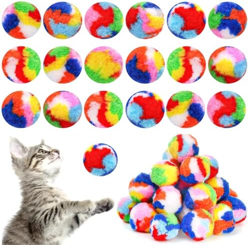 Nicunom 60 PCS Cat Pom Pom Balls, 1.7Inch Rainbow Cat Toy Balls, Soft Plush Cat Ball Fuzzy Kitty Balls Colorful Kitten Puff Ball for Pet Kitten Interactive Playing Exercising Chasing