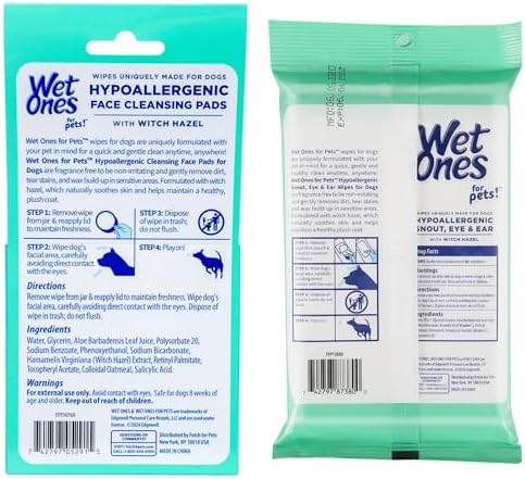 Wet Ones for Pets Hypoallergenic Face Cleansing Pads Fragrance-Free 3.2 in Round 50 ct + Extra Gentle Dog Wipes with Witch Hazel Fragrance-Free Snout Eye Ear 30 ct Bundle