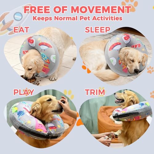 PAWCHIE Inflatable Dog Cone Collar Alternative, Soft Dog Cone for Medium to Large Dogs After Surgery, Adjustable Neck Recovery E-Collars Donut Collar with Cute Dinosaur Prints, Grey M