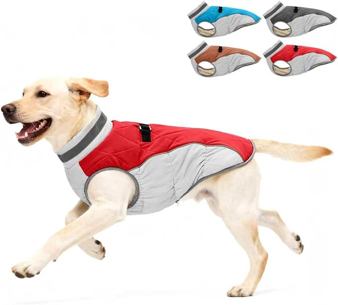 Dog Coat for Medium Dogs, Adjustable Dog Jackets for Cold Weather, Reflective Winter Coat with Built-in Harness, Snowsuit Fits Dogs 14-25 lbs and Up, Size M Red