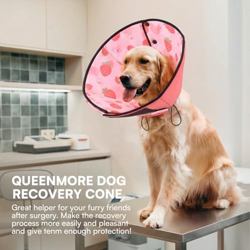 Queenmore Dog Cones for Large Dogs, Soft Dog Cone, Cone for Dogs to Stop Licking After Surgery, Adjustable Elizabethan Collar for Pet to Prevent Licking Wounds, Strawberry L