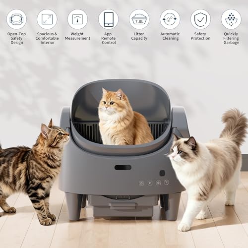 Automatic Self-Cleaning Cat Litter Box with App, Open Top, Gray