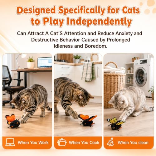Smart Sensing Flapping Butterfly Toy Interactive Cat, Interactive Butterfly Cat Toy, Rechargeable Touch Activated Kitten Toy, Durable Plush Build for Bored Indoor Cats (Gold)