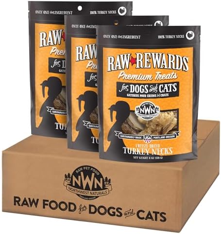 Northwest Naturals Raw Rewards Freeze-Dried Turkey Neck Treats for Dogs and Cats - Bite-Sized Pieces - Healthy, 1 Ingredient, Human Grade Ingredients, All Natural, Made in USA, 6 Oz (Pack of 3)