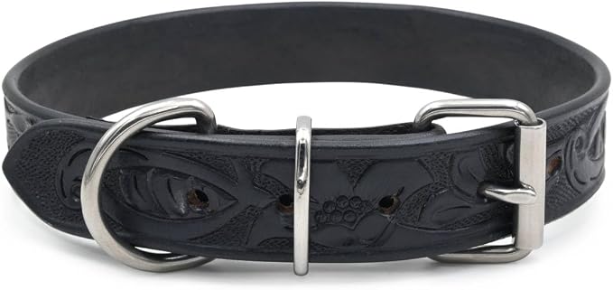 TARICO Genuine Leather Dog Collar with Engraved Floral Design for All Breeds, Heavy Duty Durable Metal Buckle Non Padded Adjustable Pet Collar - Black (Medium: Fits 15–19" Necks)