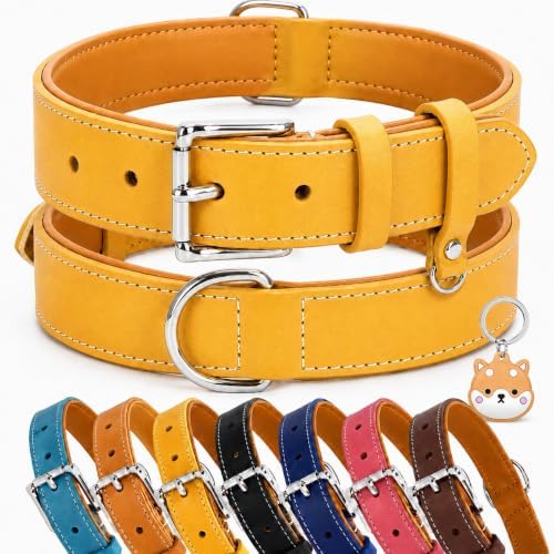 Genuine Leather Dog Collar, Soft Padded Leather Dog Collars with Airtag Holder Case for Small Medium Large X-Large Dogs,Comfort Heavy Duty Pet Collar with Durable Metal Buckle & D-Ring-Light Yellow/L