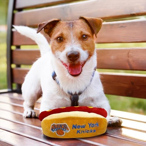 Pets First NBA New York Knicks HOT Dog Plush Dog & CAT Squeak Toy - Cutest HOT-Dog Snack Plush Toy for Dogs & Cats with Inner Squeaker & Beautiful Basketball Team Name/Logo 8 x 5 x 3 Inches