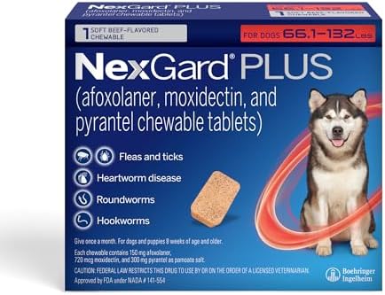 NexGard Plus (afoxolaner, moxidectin, and pyrantel) Flea and Tick Protection & Heartworm Preventive for Dogs Soft Beef Flavored Chewables, 66.1-132 lbs. (Red) 1 Chew (1 Month Supply)