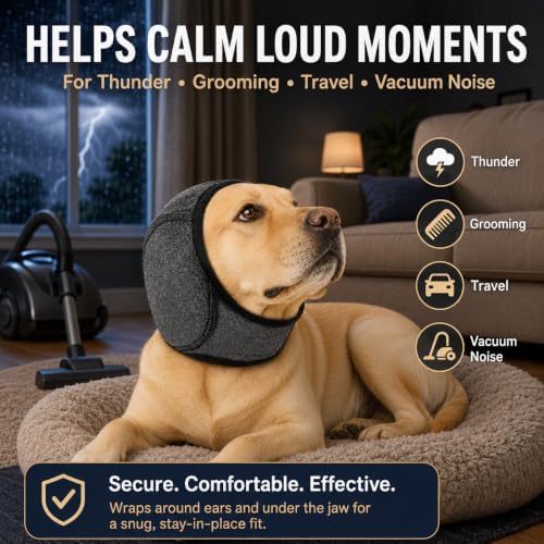 Dog Ear Muffs Noise Protection, Adjustable Dog Ear Wrap Calming Hoodie, No Shake Ear Covers for Thunder, Vacuum, Grooming & Bathing, Polyester Noise Reduction Padding with Elastic Strap(Black,M)