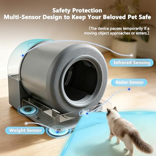 Self Cleaning Cat Litter Box for Multiple Large Cats - 60L Capacity, APP Control Automatic Litter Box with Safety Sensors, Odor-Free & Anti-Leakage, Includes Litter Mat & Litter Scoop,Gray