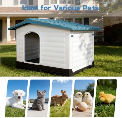 Elevated 2-Door Plastic Dog House Kennel with Fold-Out Porch
