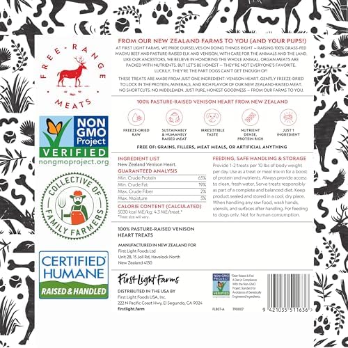 First Light Farms Venison Heart Freeze-Dried Dog Treats, High Protein, 3oz