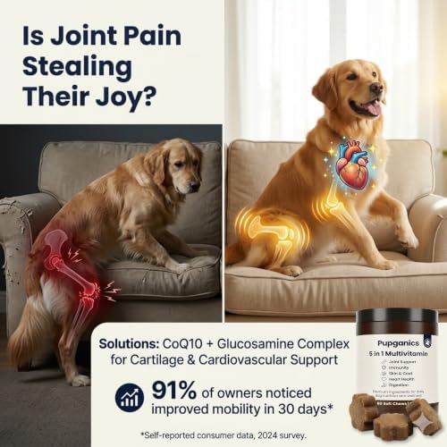 Pupganics Multivitamin Daily Soft Chews for Dogs, 5 in 1 multivitamin for Hip & Joint, Heart Health, Skin & Coat, Digestion & Immune Support, with Probiotics, Glucosamine, Vitamin A/D3/E (Beef)