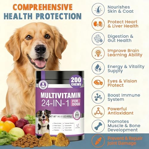 24-in-1 Dog Vitamins and Supplements, Dog Multivitamin Chewable with Glucosamine, Chondroitin, Probiotics & Omega 3 for Skin and Coat, Hip and Joint, Gut and Immune Support, 200 Chews