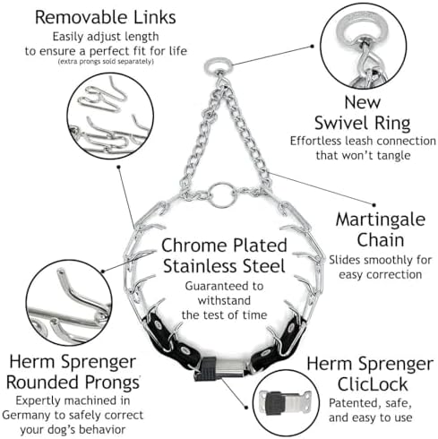 Herm Sprenger Prong Collar for Dog Training with Easy Quick Release Cliclock & Swivel Ring- German Made Dog Collar with Chrome Plated Stainless Steel 4mm Prongs for X-Large Dogs (25-30" Neck)