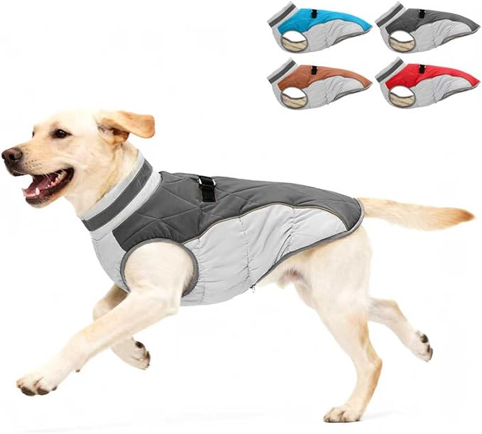Dog Coat for Large Dogs, Adjustable Dog Jackets for Cold Weather, Reflective Winter Coat with Built-in Harness, Snowsuit Fits Dogs 22-47 lbs and Up, Size L Black