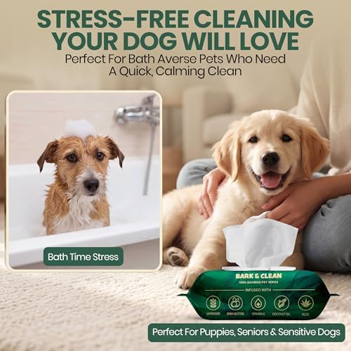 Bark & Clean Dog Wipes for Paws and Butt, 50 Count, Extra Large, Thick 8.5" x 9" Hypoallergenic Bamboo Puppy Compostable Cleaning & Deodorizing Grooming Wipes with Lavender