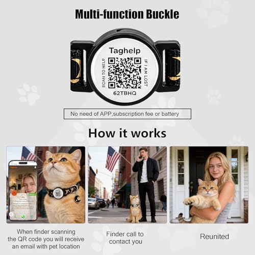 Stars and Moon AirTag Cat Collar with AirTag Holder,Air Tag Cat Collar for Apple. Solid & Safe, Pet Collar, Breakaway Cat Collar, QR Code Cat ID Tags - Pet Online Profile(Blue)