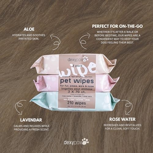 Dexypaws: Pet Cleansing Wipes - 3 Packs (70ct Each) - Aloe-Lavender-Rose Water - Wet Wipes for Dogs & Cats, Fur-Paws-Face, Natural Pet Safe Grooming