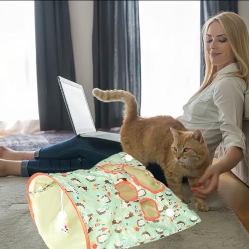 SYCOOVEN Cat Tunnel Bag for Indoor Cats, Pet Collapsible Tunnel Crinkle Sack Bag with 1 Little Mouse & Toy Ball, Crinkle Paper Interactive Cat Toys Hide and Seek(Green Pattern)