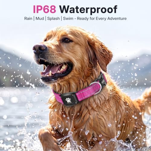 GPS Dog Collar with Tracker, Waterproof, No Monthly Fee, Hot Pink, XS | Works with Apple Find My, iOS Only, MFi Certified, No SIM Card, for Small Dogs, Reflective Padded Nylon, Neck 10.5-13.5 in