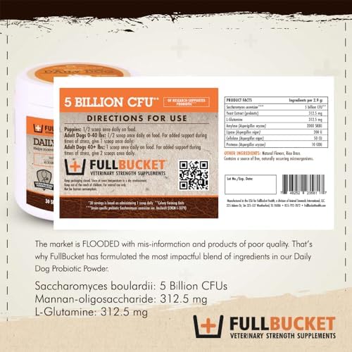 FullBucket Daily Dog Probiotic 30 Servings - Support Natural Digestion, Treat & Prevent Diarrhea - Probiotics, Prebiotics & Digestive Enzymes All in One Tasty Probiotic Powder for Dogs