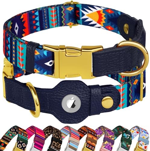 AirTag Dog Collar for Small Medium Large Breed - Adjustable Cute Pattern Dog Collar with Airtag Holder - Soft Leather Tracker GPS Apple Air Tag Pet Collars (Small, 12"-15" Neck Fit, Navajo)
