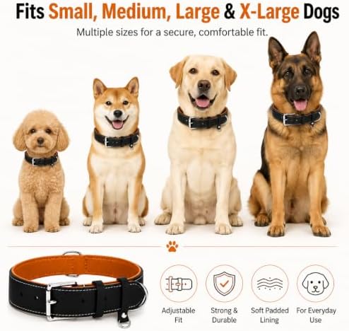 Genuine Leather Dog Collar, Soft Padded Leather Dog Collars with Airtag Holder Case for Small Medium Large X-Large Dogs,Comfort Heavy Duty Pet Collar with Durable Metal Buckle & D-Ring-Black/XL