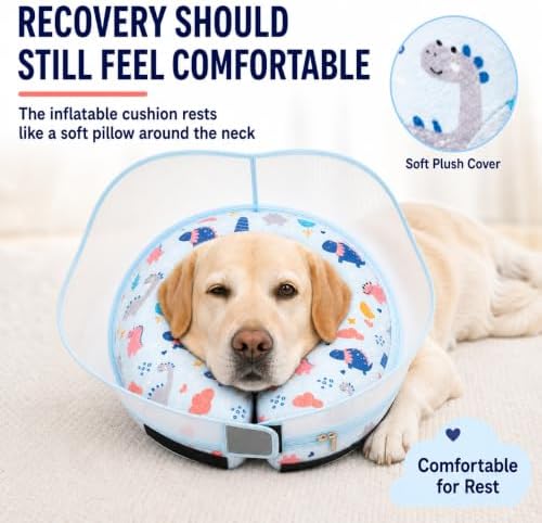 Inflatable Dog Cone Collar for Large Medium Small Dogs, Soft Dog Donut Collar Adjustable Recovery Cone for Pets After Surgery, Extra Enhanced Anti-Licking Guard Shield (Dinosaur, Medium)