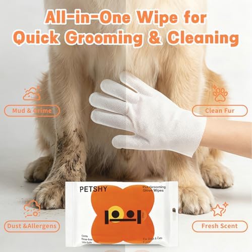 48 Count Pet Glove Wipes for Dogs and Cats, Unscented Dog Bath Gloves, Extra Thick Grooming Wipes for Daily Use, Outdoor Camping and Travel, 6 Count x 8 Pack