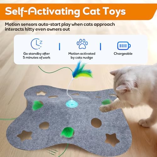 Giociv Interactive Cat Toys for Indoor Cats Exercise Toys Spin Feather Wand Tumbler Base, Touch Activate Mode Peek-A-Boo Felt Cover Toy Rechargeable