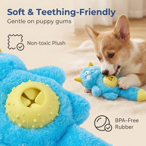 Cute Monster Plush Dog Toy with Squeaky Ball, Crinkle Paper, Treat Dispenser & Washable Design, Interactive Stuffed Chew Toy for Small Medium Dogs, Puppy Teething Toy (Pink)