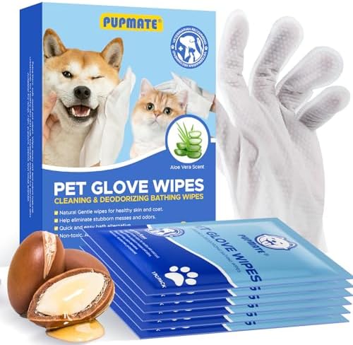 Pet Cleaning Glove Wipes for Dogs & Cats, Hypoallergenic Deodorizing Disposable No-Rinse Grooming Wipes, Extra Thick Bathing Wipes,Perfect for Pet Dry Cleaning,Daily Care and Travel,6 pcs