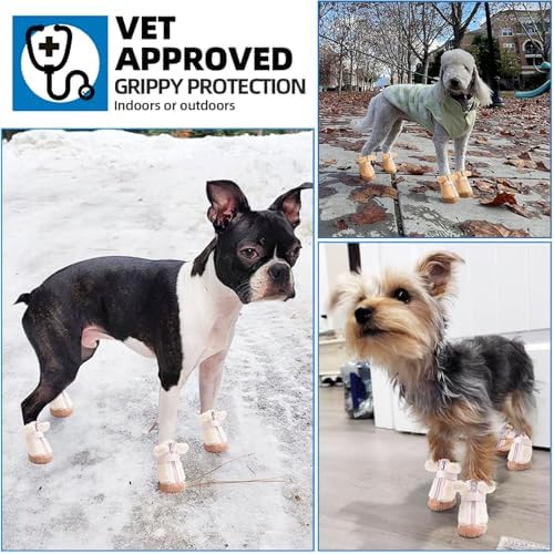JZXOIVA Dog Shoes for Small Dogs, Fleece Dog Boots Paw Protector for Comfort and Warmth, Dog Booties with Anti-Slip Sole for Winter Snow Hardwood Floors Walking Brown Size 1