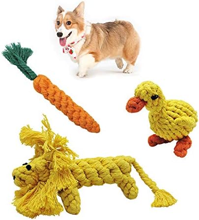 Andiker 3PCS Cotton Rope Puppy Teething & Training Durable Dog Plush Toys - Lion, Carrot & Duck Interactive Biting Rope Dog Chew Toys