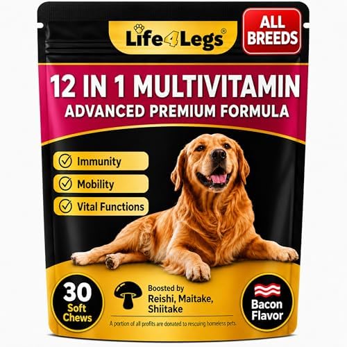 30 Soft Chews Dog Vitamins - Hemp Oil Glucosamine Chondroitin Hip and Joint Support Health, Skin & Coat Supplements, Digestion & Immune Booster, Heart, Probiotics - Bacon Flavour