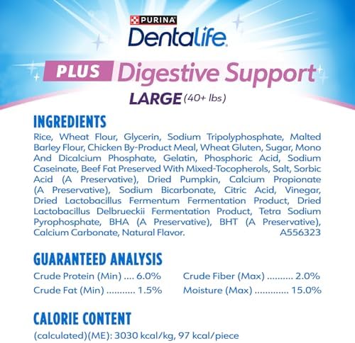 Dentalife Plus Digestive Support Dog Treats for Large Dogs 40 lbs. and up, Cleans Teeth, Freshens Breath, & Supports Healthy Gut, Chicken & Pumpkin Flavor, 22.6 oz., 19 Chews - 19 ct. Pouch