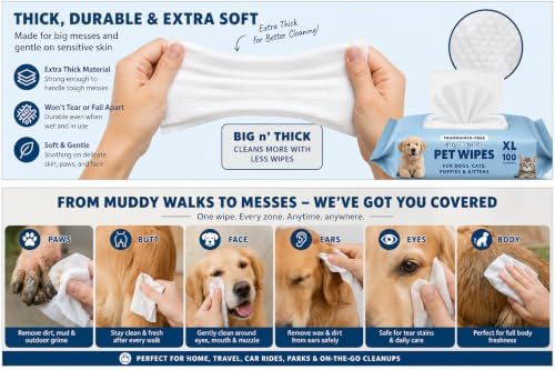 Dog Wipes for Paws and Butt, XL 2-Pack 200 Count, Fragrance Free