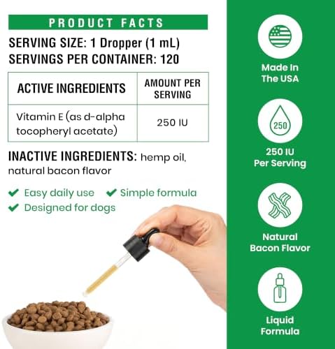 Vitamin E for Dogs Liquid 250 IU - Vitamin E Oil for Dogs Skin and Coat Support - Dog Immune Support Antioxidant Supplement - Bacon Flavor - 120 Servings - 4 oz