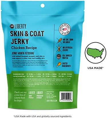 BIXBI Liberty Skin & Coat Support Chicken Jerky Dog Treats 5 oz - USA Made, Grain Free, Antioxidant Rich to Support Shiny, Full Bodied Coats