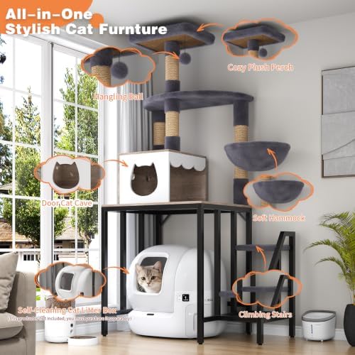 HavenlyYouth Cat Tree for Self-Cleaning Litter Box, 67.3''H Multi-Level Cat Tower for Automatic Litter Box 28.9H*24.1''L*21.1''D, Cat Tree Furniture with Perch and Cozy, Light Gray