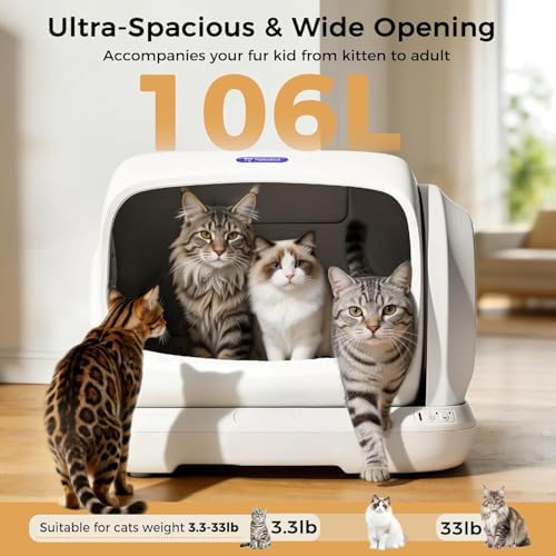 Automatic Cat Litter Box,106L XXXL Extra-Large Self Cleaning Litter Box for Large Cats, Open Top Auto Cat Box Self Cleaning with Anti-Pinch Patent APP, Safety Sensor