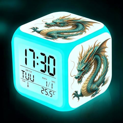 Wake Up Light Chinese Green Dragon Cube Alarm Clock, Battery Powered 7 Color Changing LED Light, Multifunctional Thermometer Calendar Myth Creature Bedroom Decor Gift