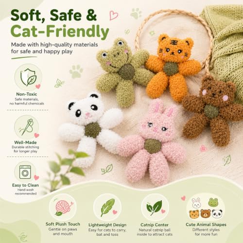 Cat Toys with Catnip Kitten Chew Bite Supplies Boredom Relief Fluffy Kitty Teeth Cleaning Chewing Cat Lovers Interactive Plush Gift (Rabbit&Forg&Panda&Tiger&Bear)