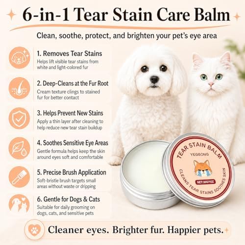 Tear Stain Remover Balm for Dogs & Cats with Soft Brush, Gentle Eye Area Care for White Fur Pets, Helps Clean Brown Marks, 1 oz
