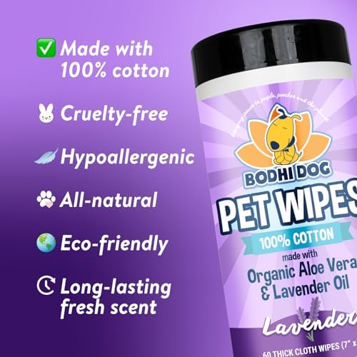 Bodhi Dog Pet Wipes - Grooming, Cleaning and Deodorizing Wipes for Dogs & Cats - No Parabens or SLS - Large, Thick, Wet Wipes - Wipe Away Pet Odors & Refreshes Coat - Lavender Scent (60 Count)