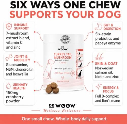 Dr. Woow Turkey Tail Mushroom for Dogs | Immune Support Dog Supplements | Natural Soft Chews w/ 7 Mushroom Blend & 6 Probiotic Strain for Dog Joint Support, Gut Health, & Overall Wellness | 120 Chews