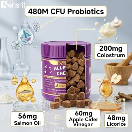Allergy Relief Immune Supplement for Dogs - with 480M CFU Probiotics, Colostrum & Salmon Oil - Soft Chews for Seasonal Itch, Hot Spots & Paw Licking - 90 Chicken Flavored Treats